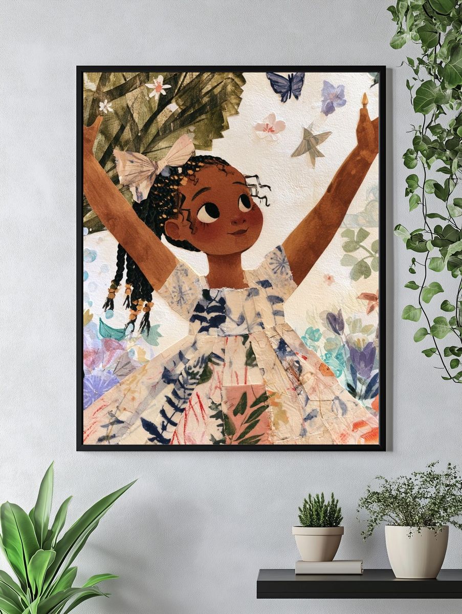 Joyful Girl in Garden Illustration Poster. — room view 4