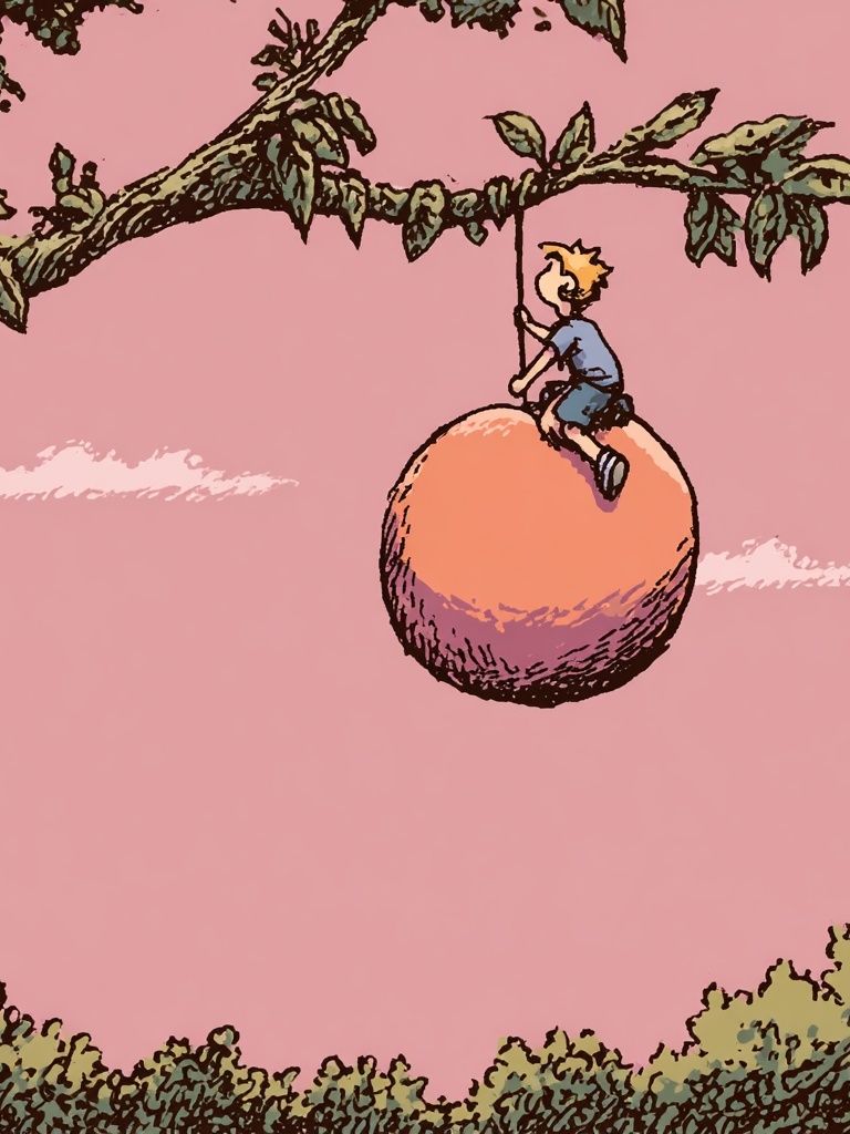 Boy on Peach Tree Illustration Poster. poster detail