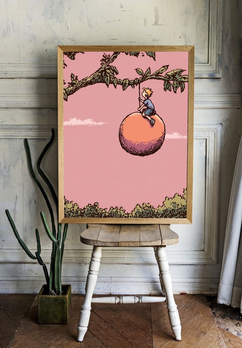 Boy on Peach Tree Illustration Poster. — room view 1