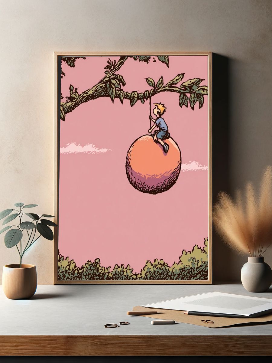 Boy on Peach Tree Illustration Poster. — room view 2