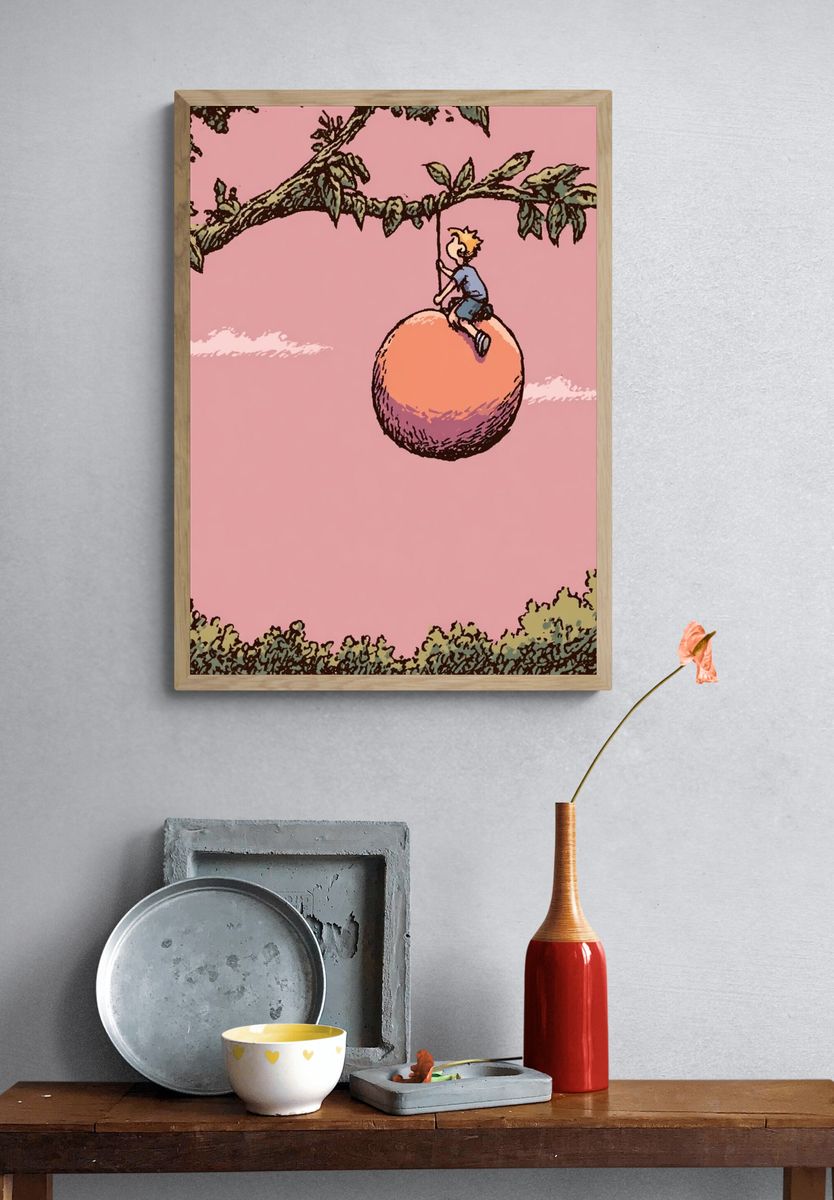 Boy on Peach Tree Illustration Poster. — room view 3