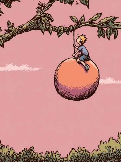 Boy on Peach Tree Illustration Poster. poster