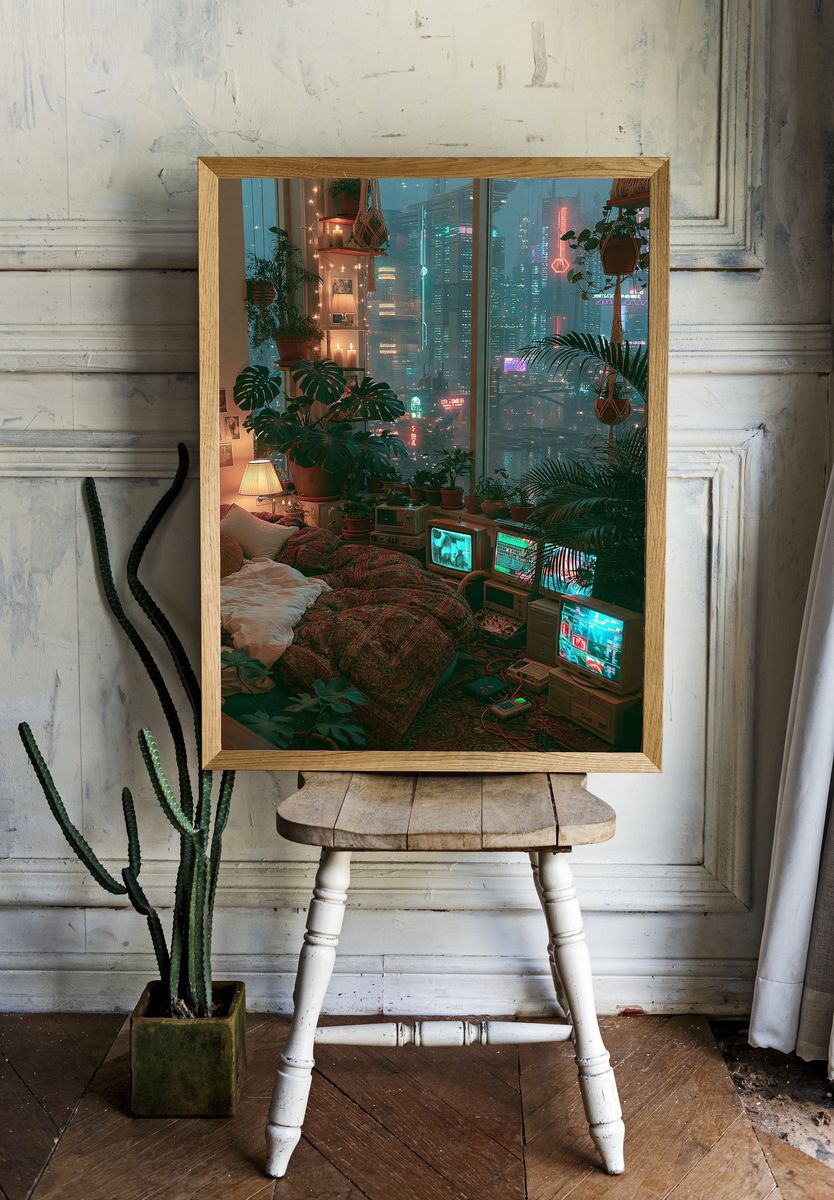 Cyberpunk City Bedroom Poster. room preview