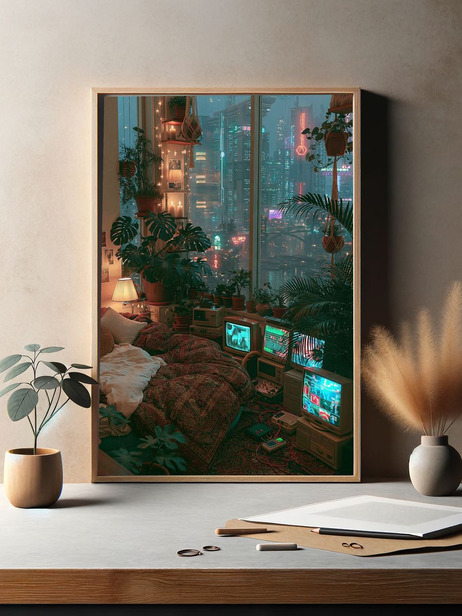 Cyberpunk City Bedroom Poster. — room view 2