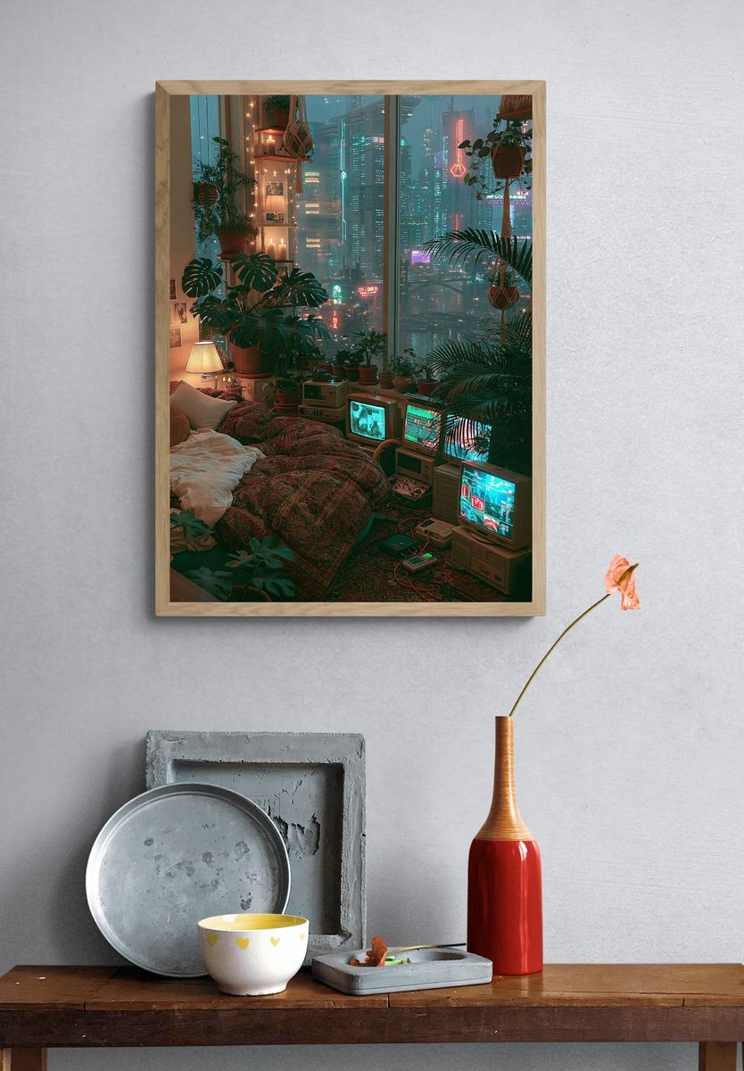 Cyberpunk City Bedroom Poster. — room view 3