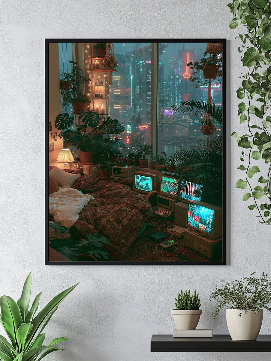 Cyberpunk City Bedroom Poster. — room view 4