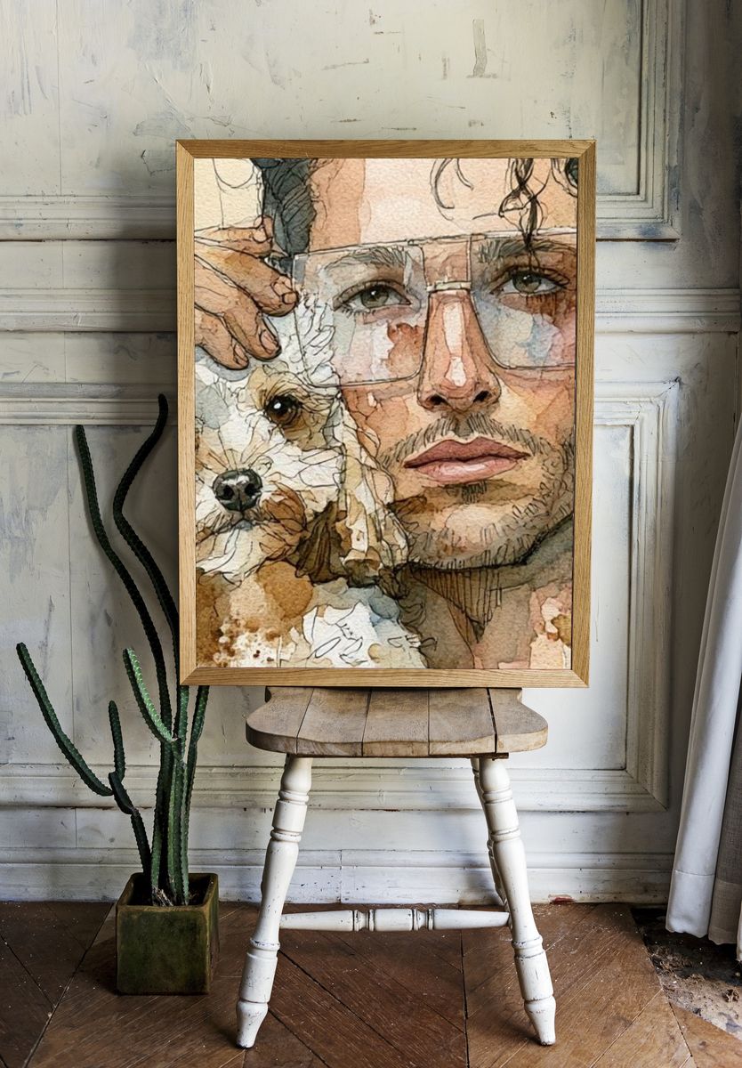 Man and Dog Watercolor Portrait Print. room preview