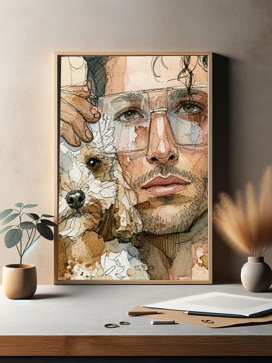 Man and Dog Watercolor Portrait Print. — room view 2