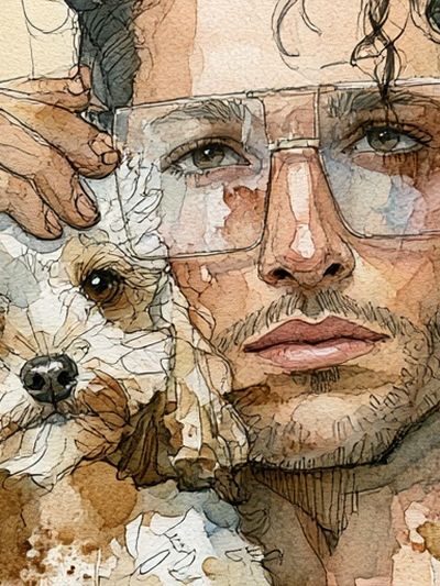 Man and Dog Watercolor Portrait Print. poster