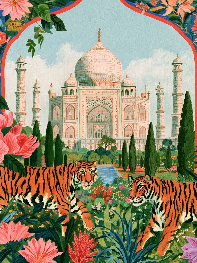 Taj Mahal Tigers Illustration Poster. poster — illustration art