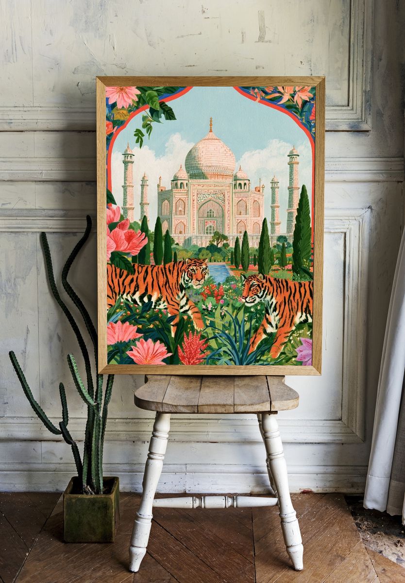 Taj Mahal Tigers Illustration Poster. — room view 1