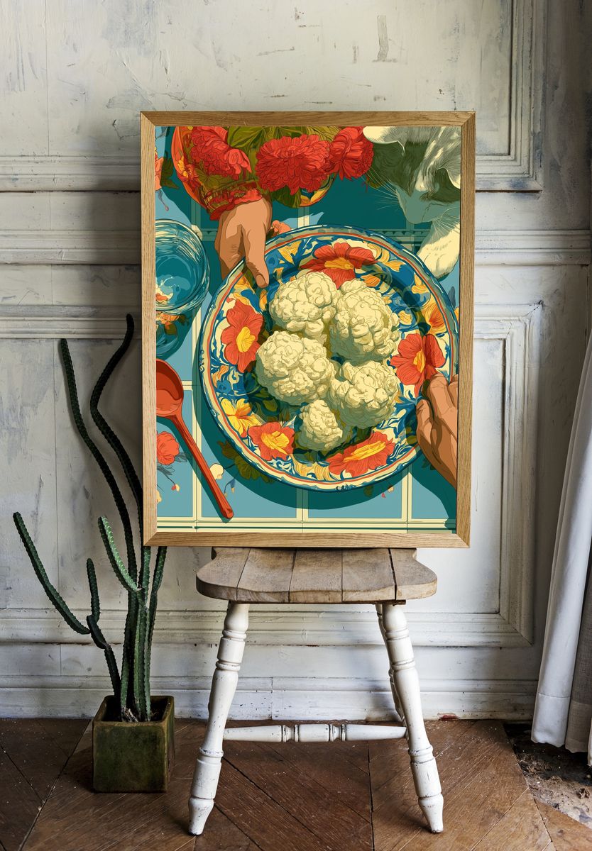 Floral Cat Tabletop Illustration Poster. room preview