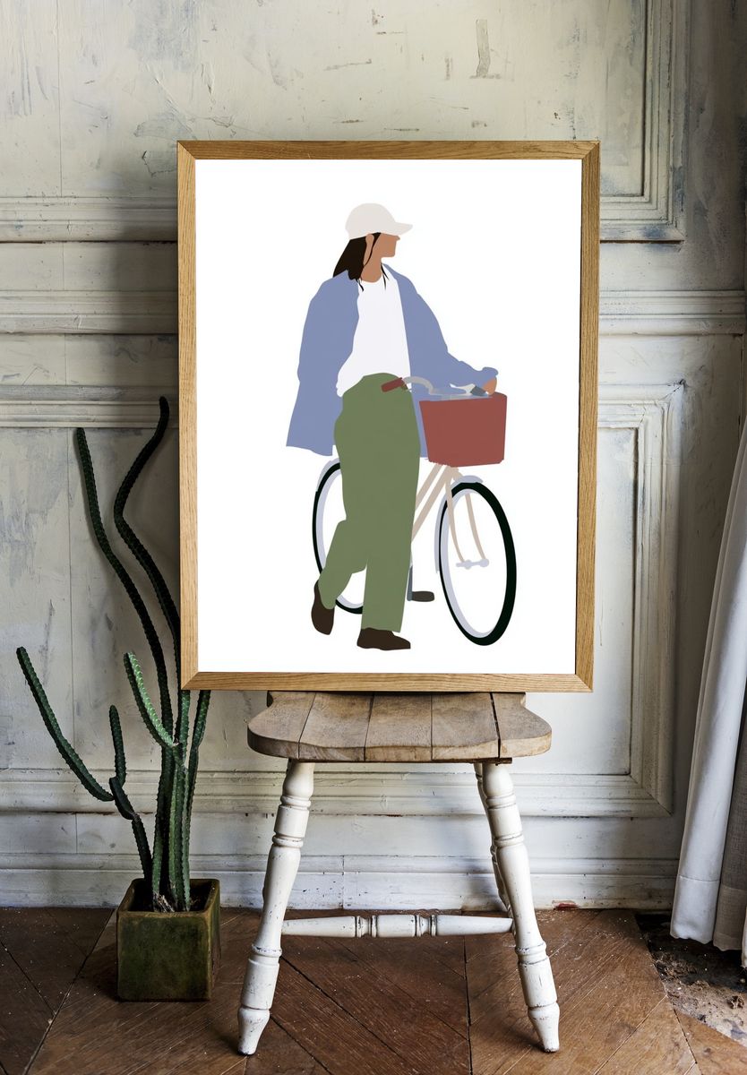 Woman with Bicycle Illustration Poster. room preview