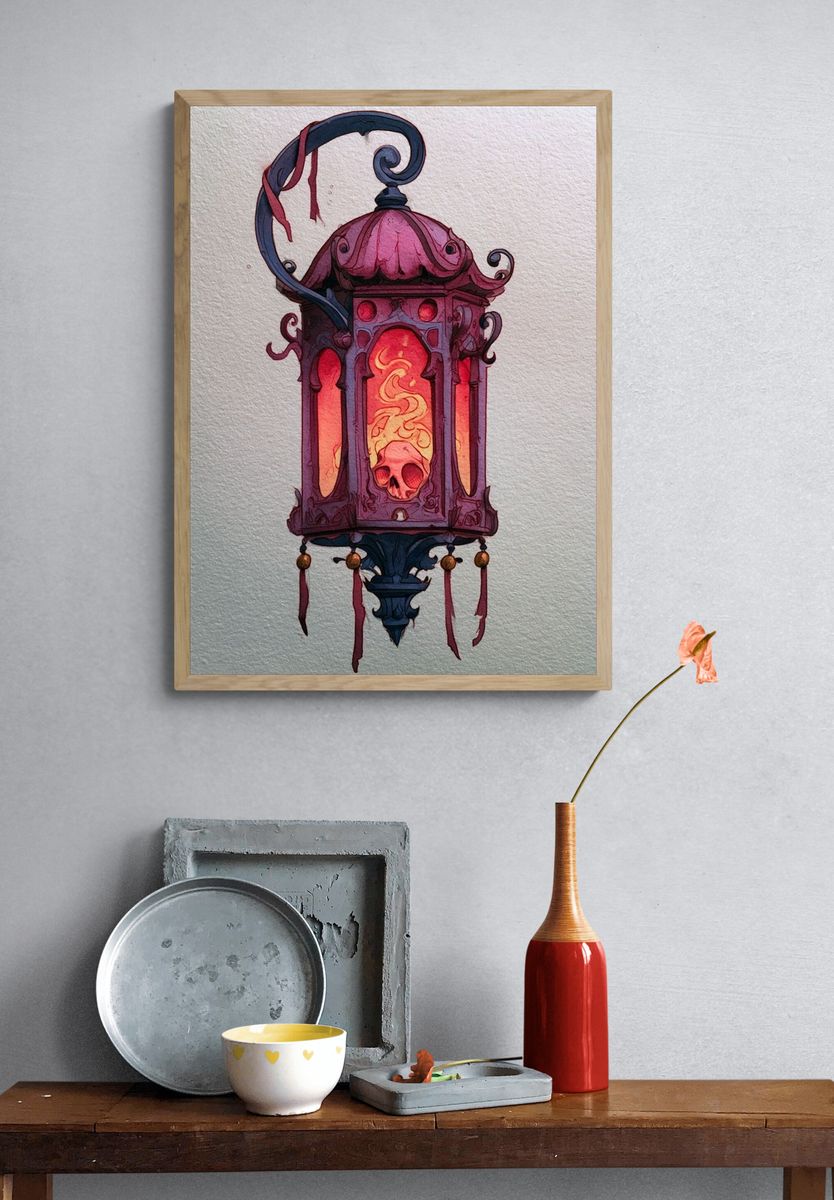 Gothic Skull Lantern Illustration Poster. — room view 3