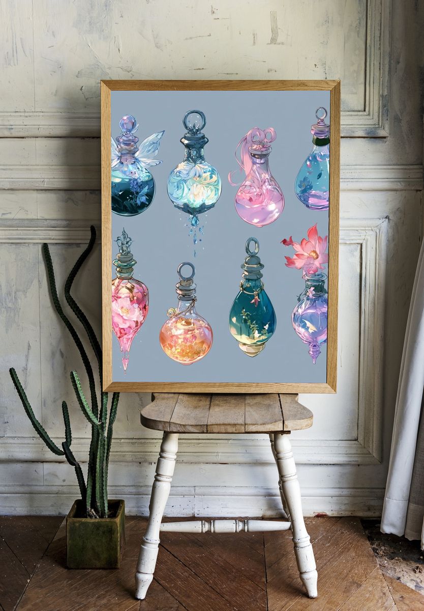Enchanted Glass Bottles Illustration Print. room preview