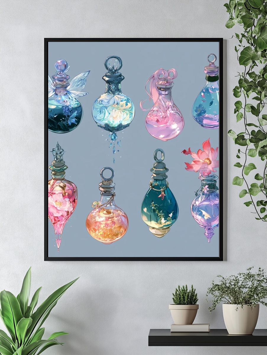 Enchanted Glass Bottles Illustration Print. — room view 4