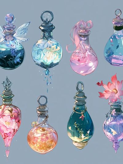 Enchanted Glass Bottles Illustration Print. poster