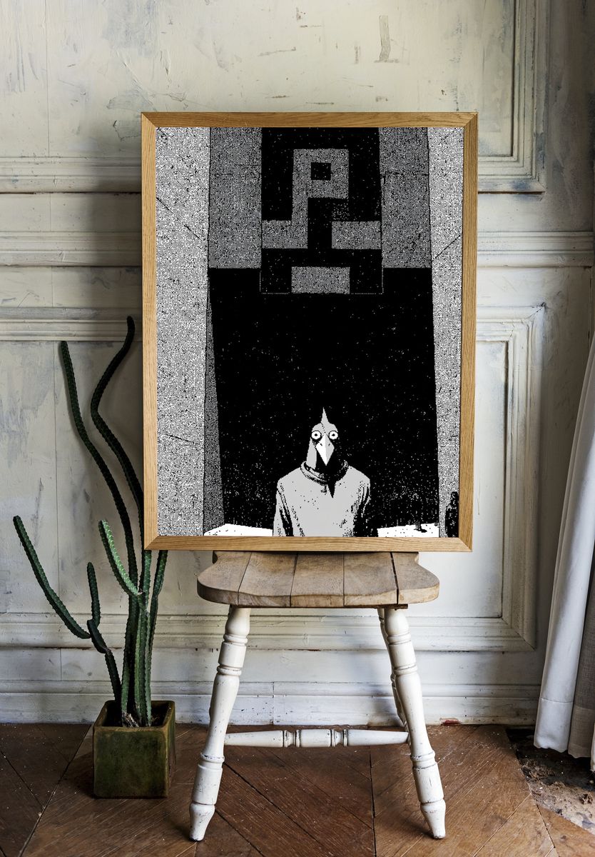 Surreal Bird Figure — Illustration Print. room preview