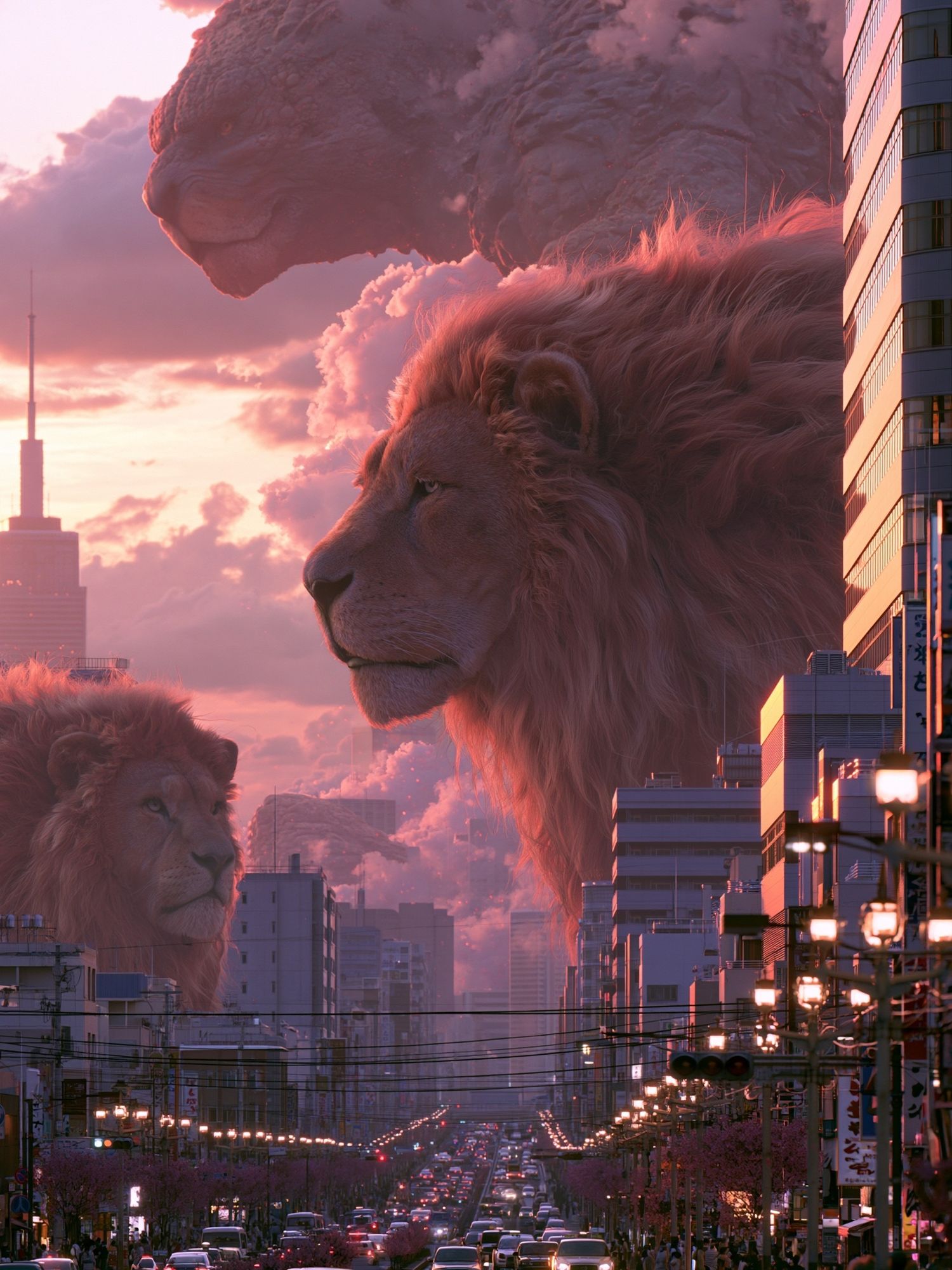 Giant Lions Over Tokyo Sunset Poster. poster — illustration art