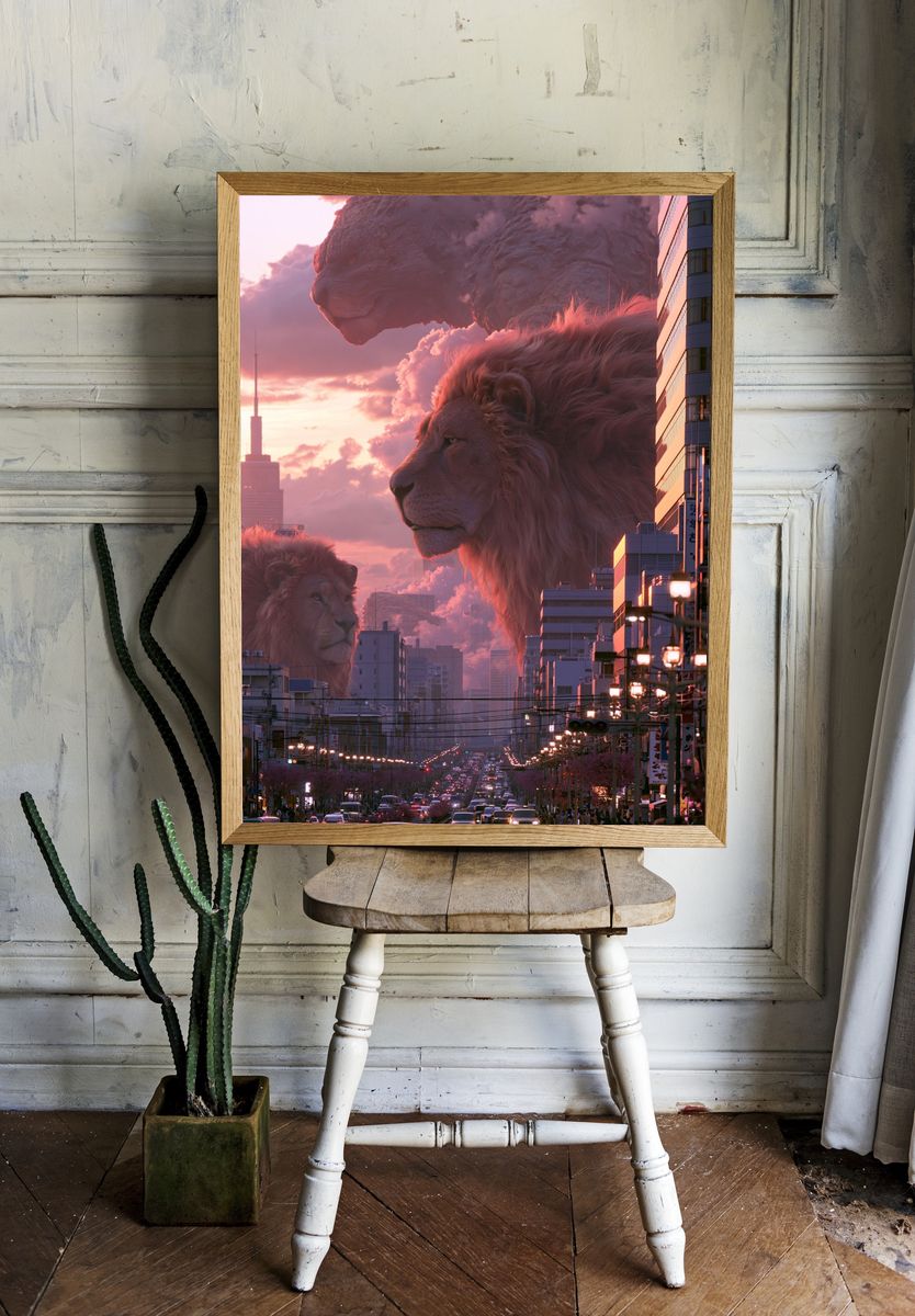 Giant Lions Over Tokyo Sunset Poster. room preview