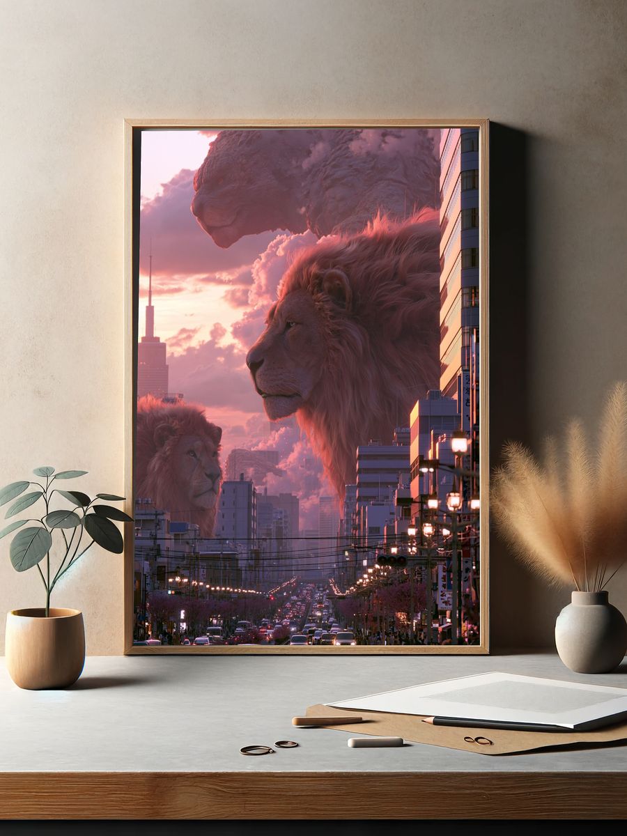 Giant Lions Over Tokyo Sunset Poster. — room view 2