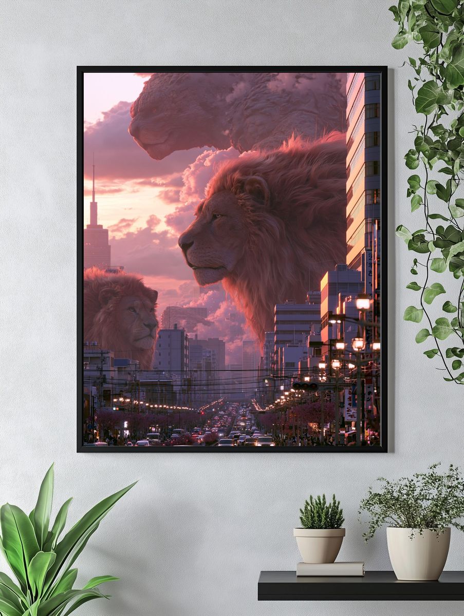 Giant Lions Over Tokyo Sunset Poster. — room view 4