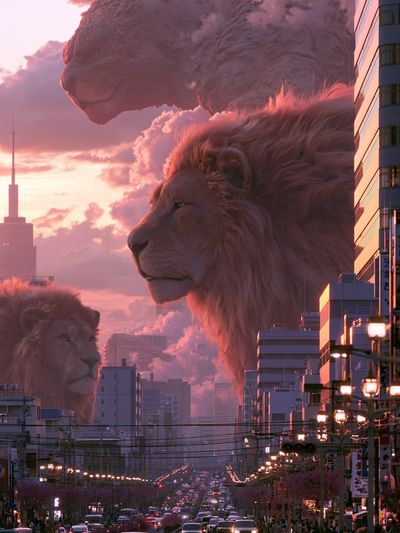 Giant Lions Over Tokyo Sunset Poster.