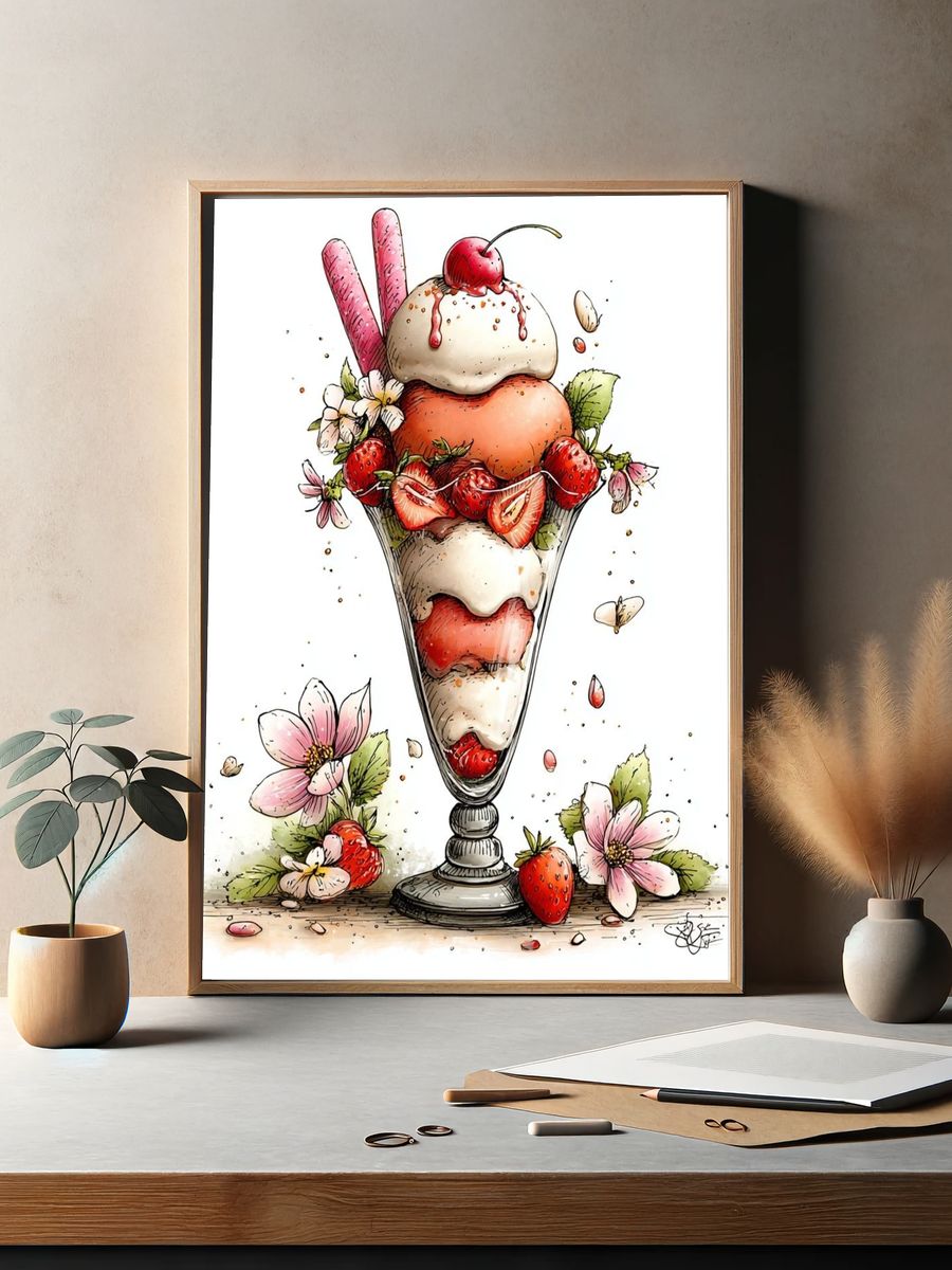 Strawberry Sundae Watercolor Print. — room view 2