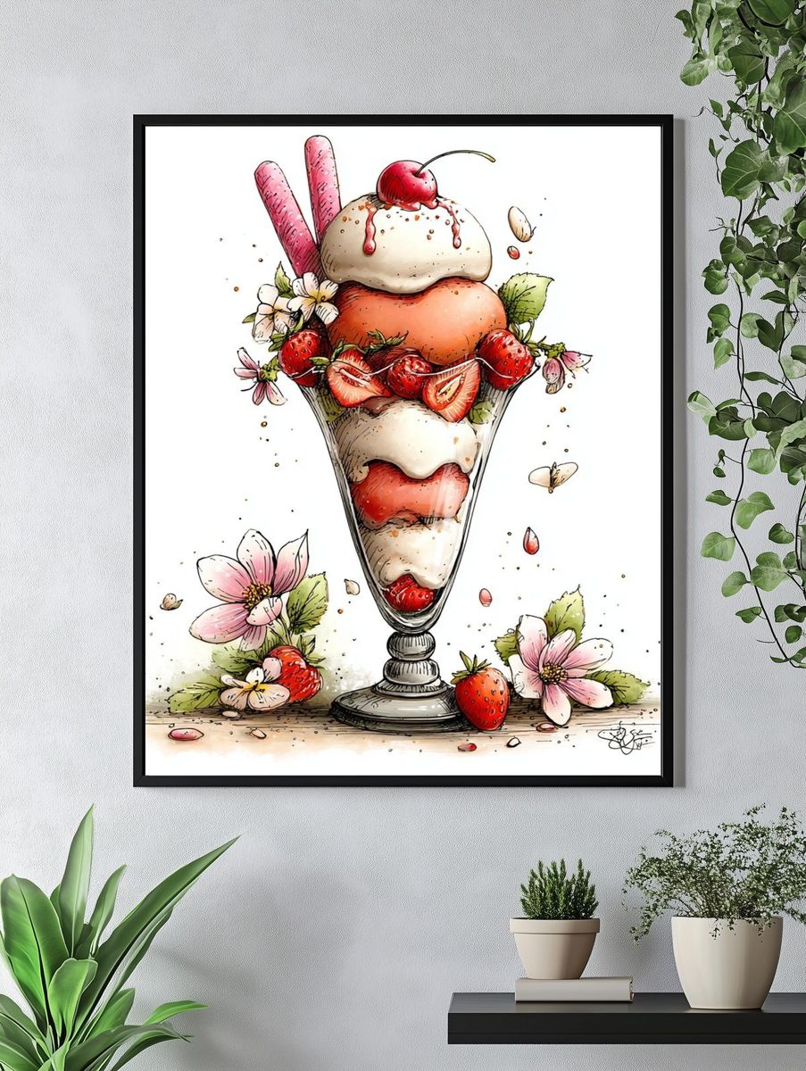 Strawberry Sundae Watercolor Print. — room view 4