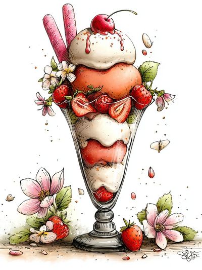Strawberry Sundae Watercolor Print. poster print