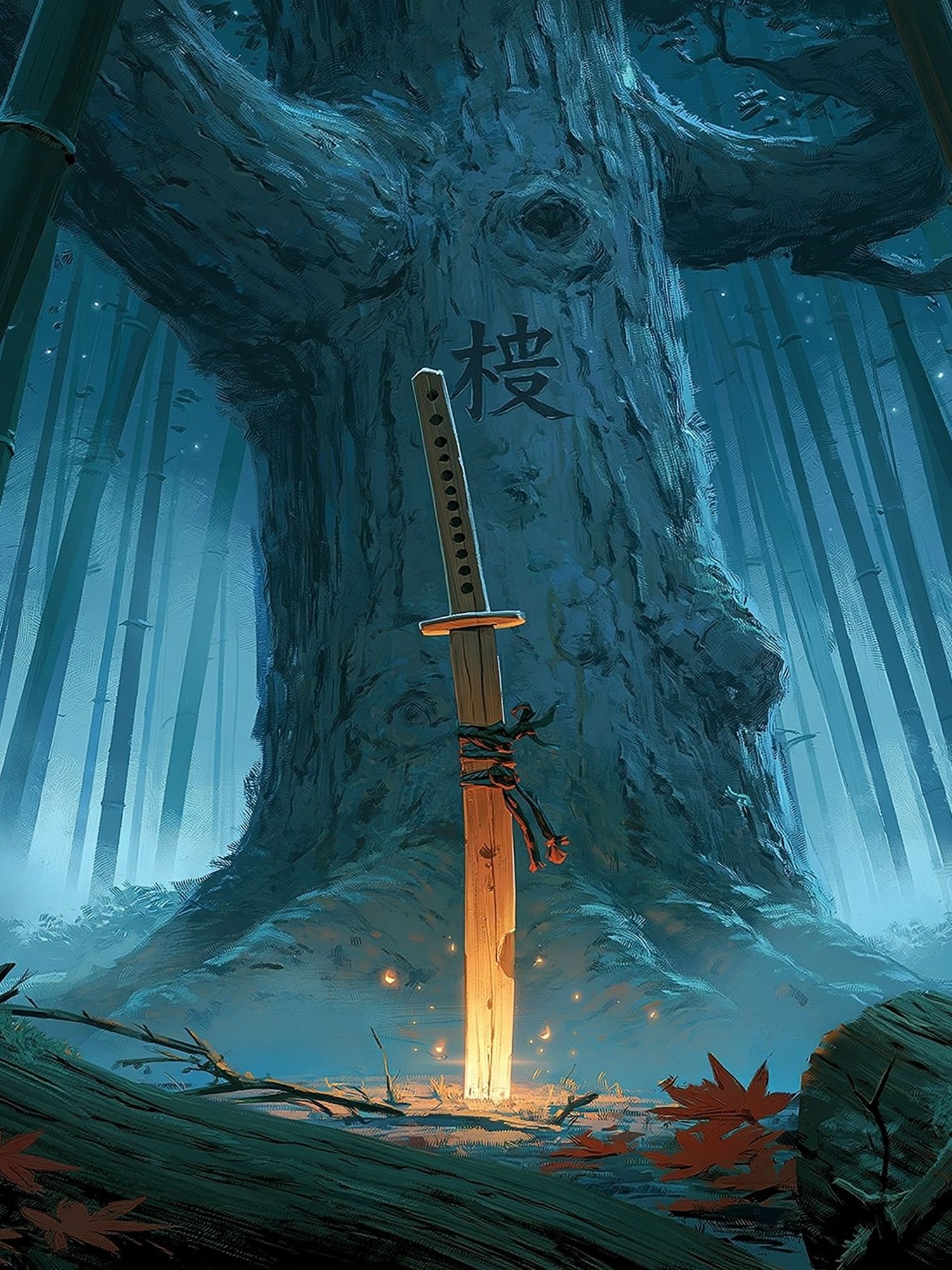 Mystic Bamboo Forest Katana Print. poster — illustration art