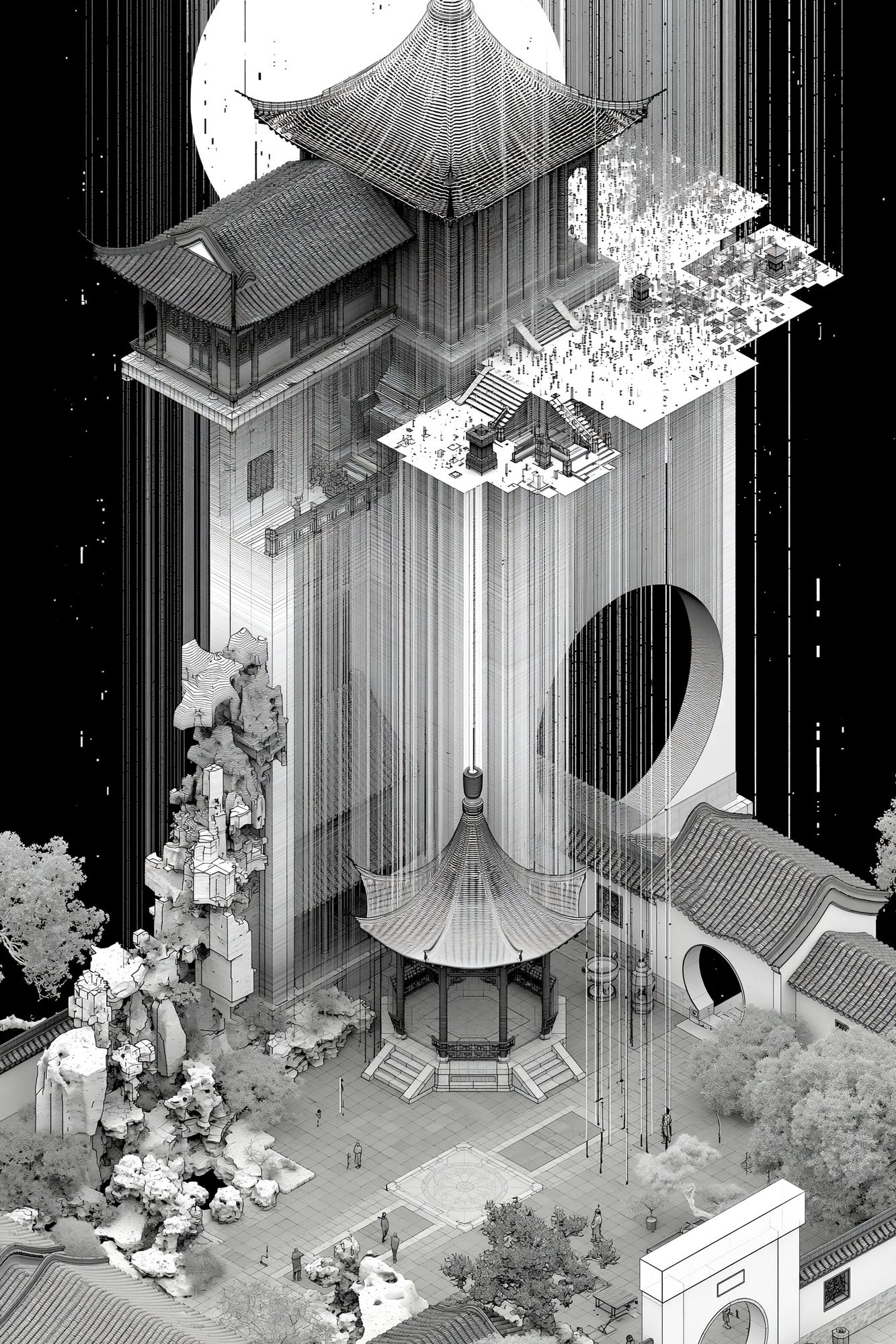 Monochrome Temple Cityscape Poster. poster — illustration art