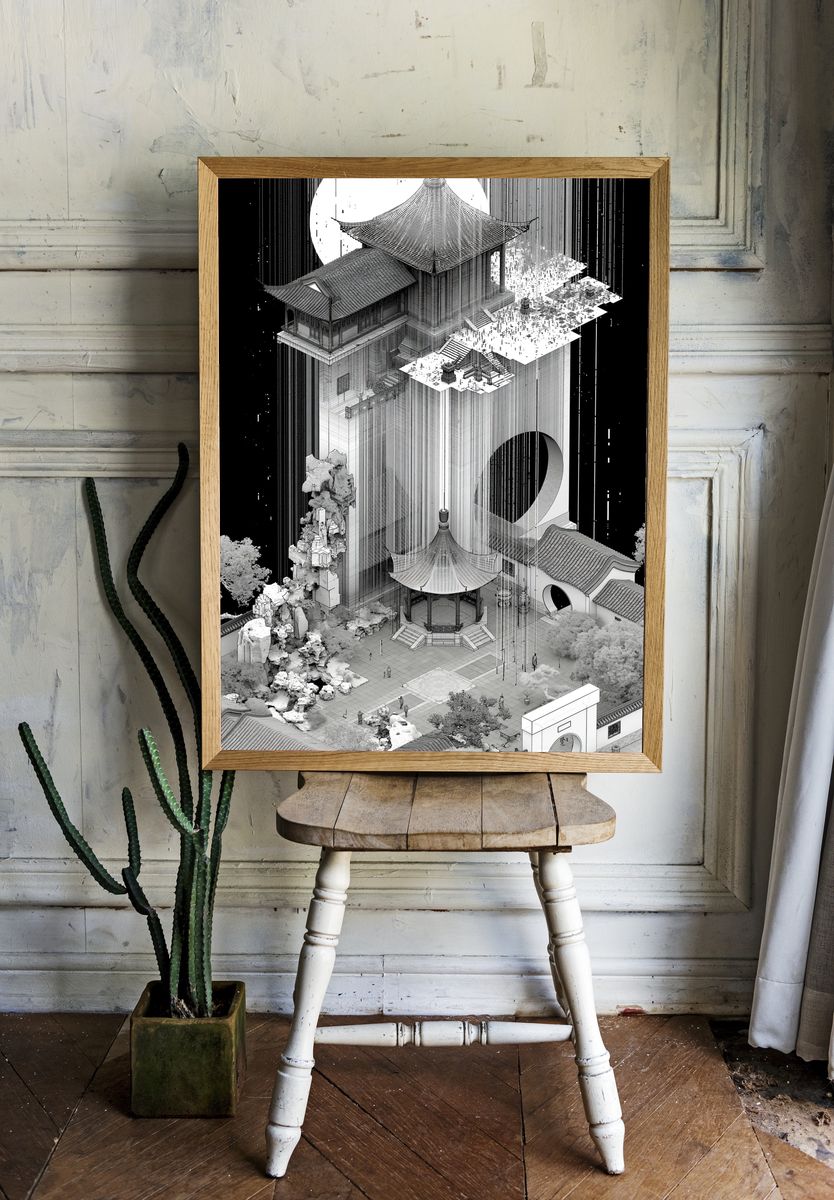 Monochrome Temple Cityscape Poster. room preview