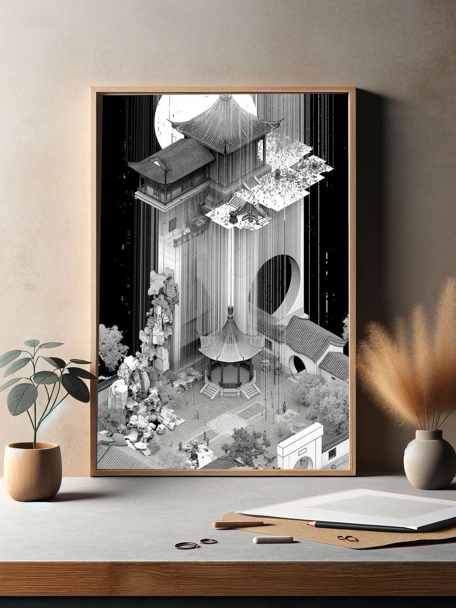 Monochrome Temple Cityscape Poster. — room view 2