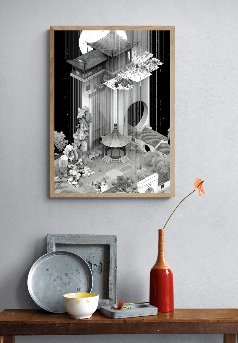 Monochrome Temple Cityscape Poster. — room view 3