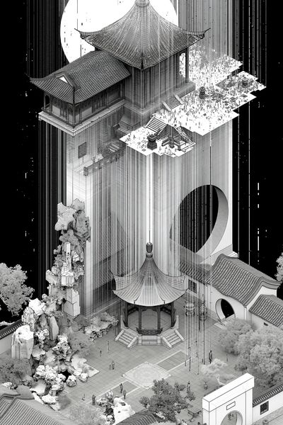 Monochrome Temple Cityscape Poster.