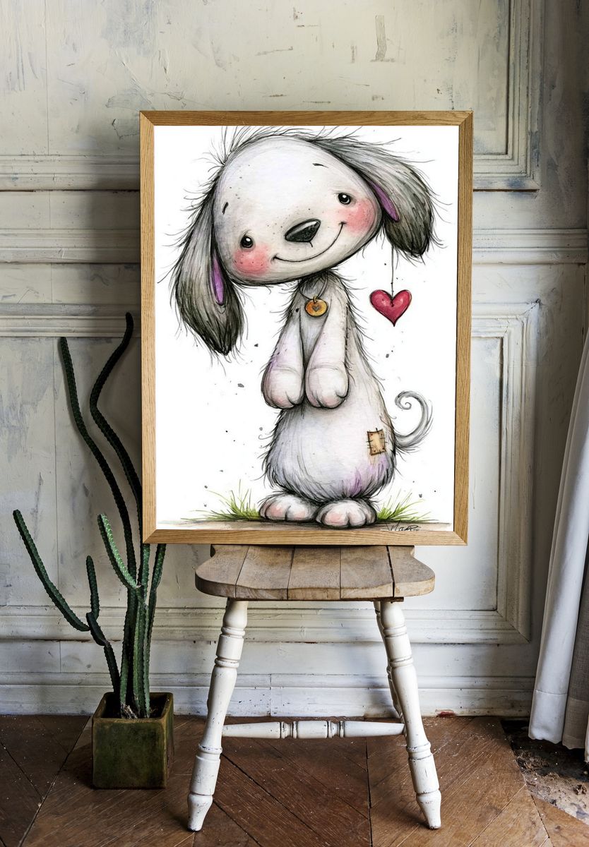 Cute Puppy with Heart Illustration Print. — room view 1
