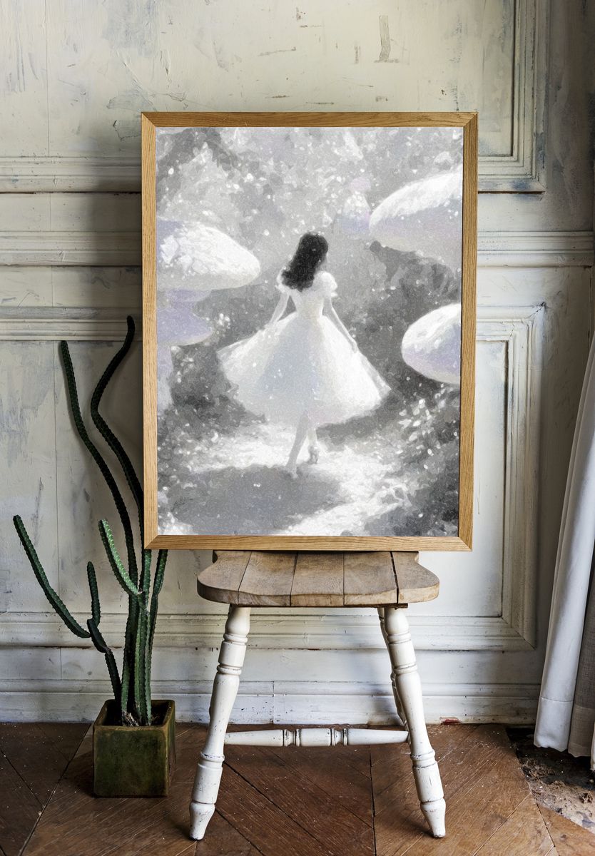 Dreamlike Girl in Mushroom Forest Print. — room view 1