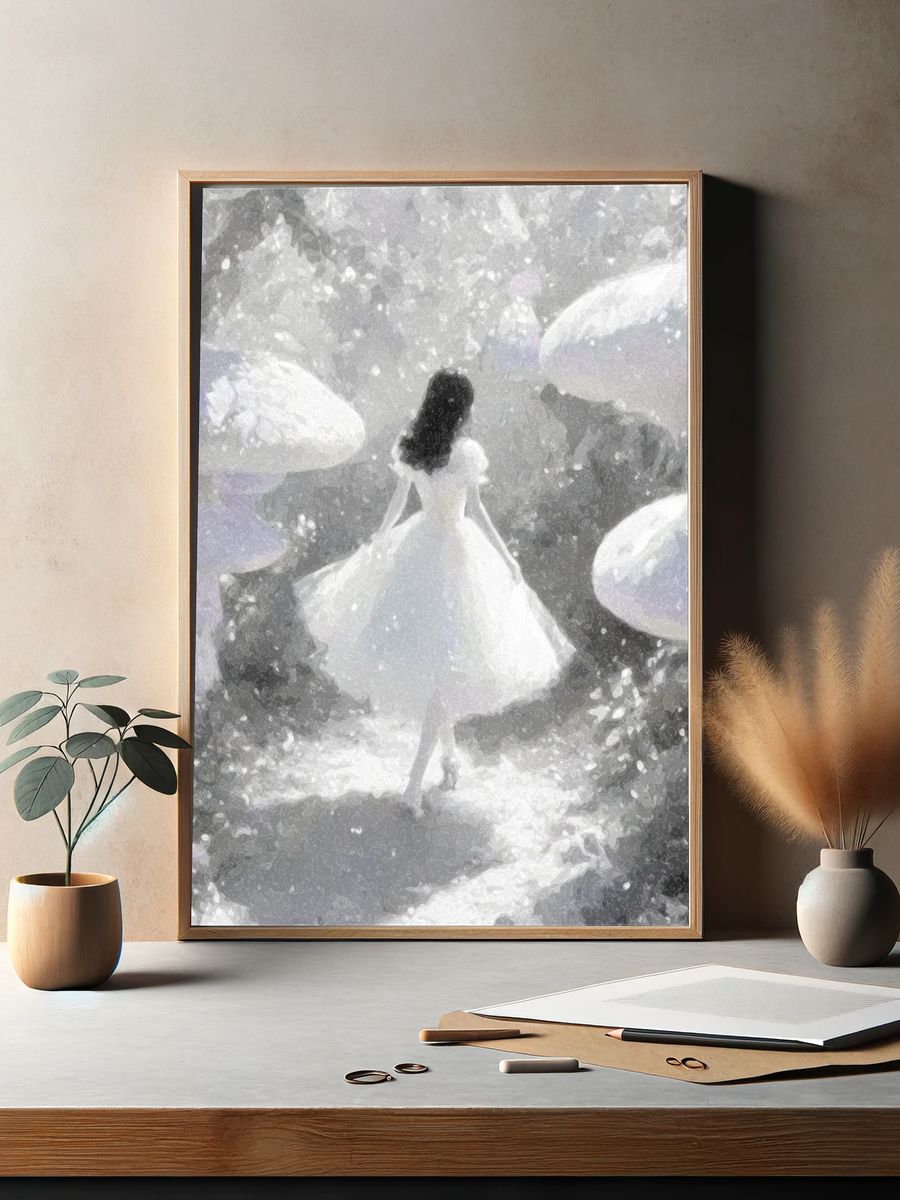 Dreamlike Girl in Mushroom Forest Print. — room view 2