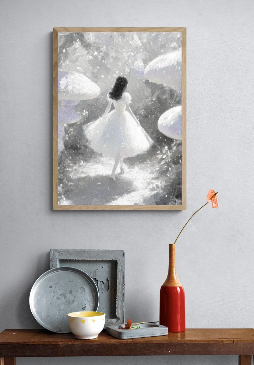 Dreamlike Girl in Mushroom Forest Print. — room view 3