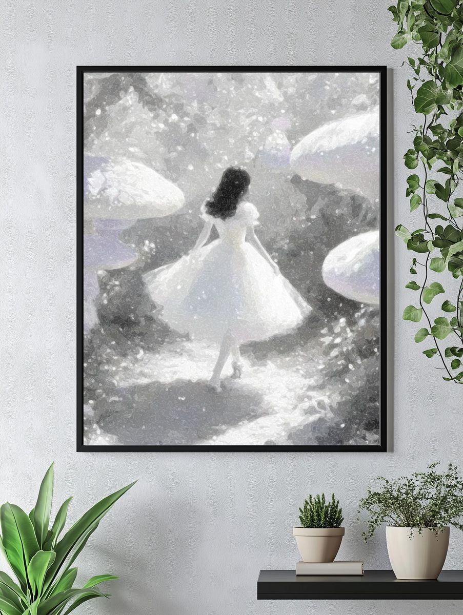 Dreamlike Girl in Mushroom Forest Print. — room view 4