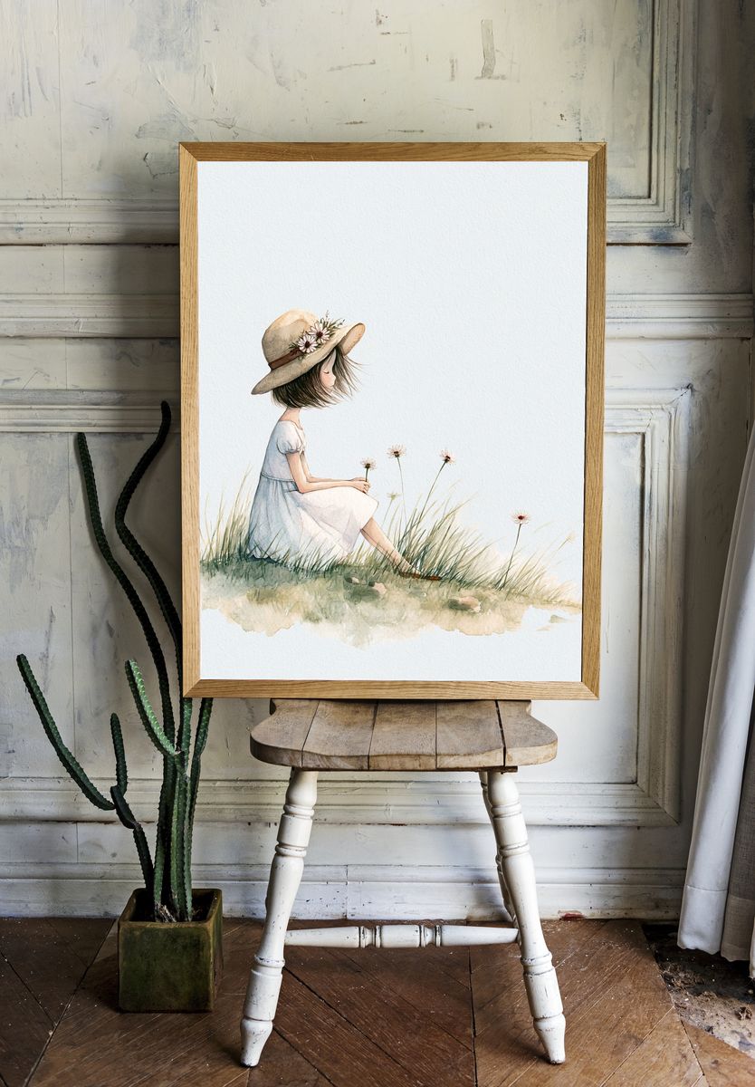 Girl in Meadow Watercolor Print. room preview