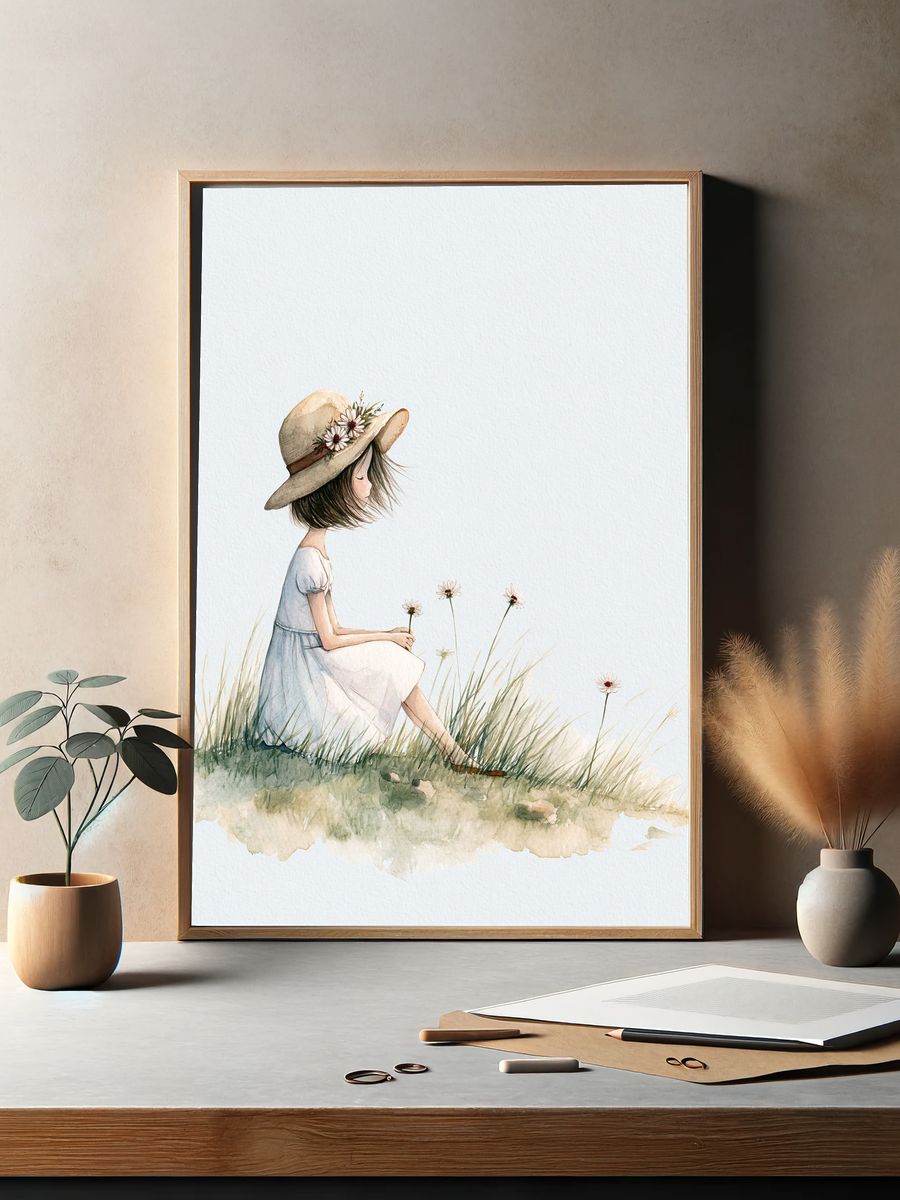 Girl in Meadow Watercolor Print. — room view 2