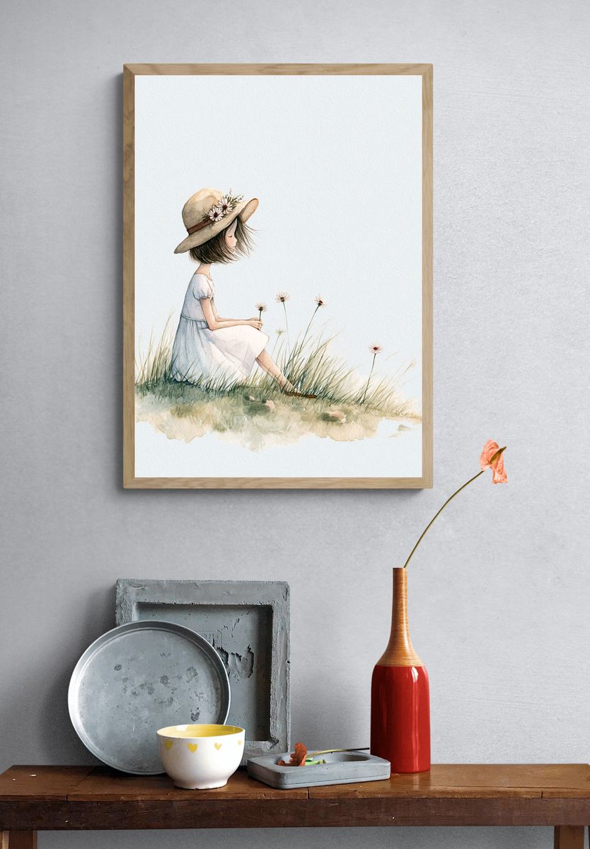 Girl in Meadow Watercolor Print. — room view 3