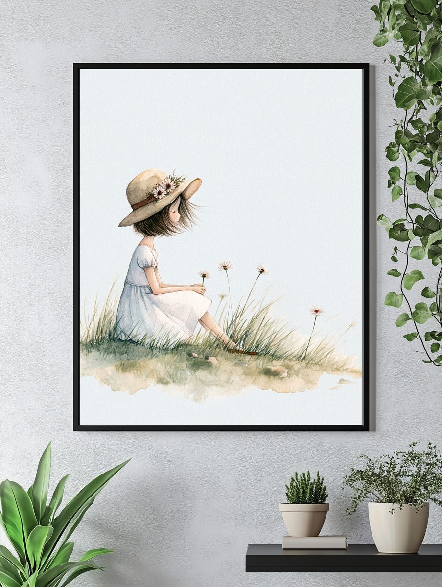 Girl in Meadow Watercolor Print. — room view 4