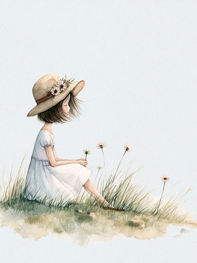 Girl in Meadow Watercolor Print. poster