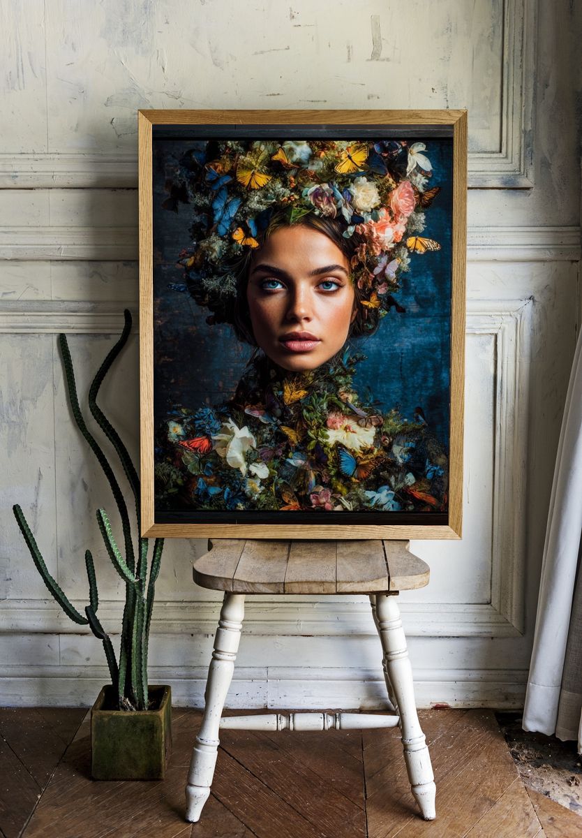 Butterfly Floral Portrait Print. room preview