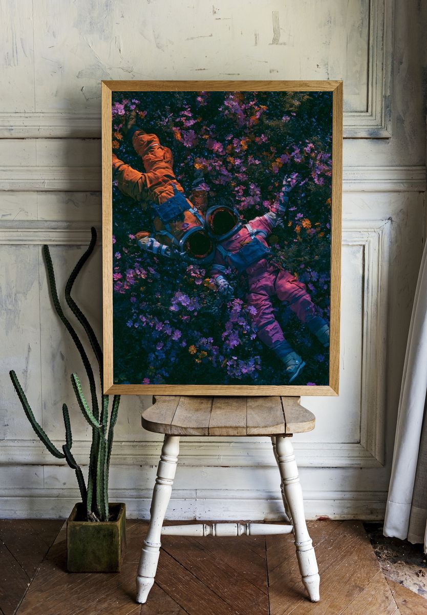 Astronaut in Flower Field Illustration Poster. room preview