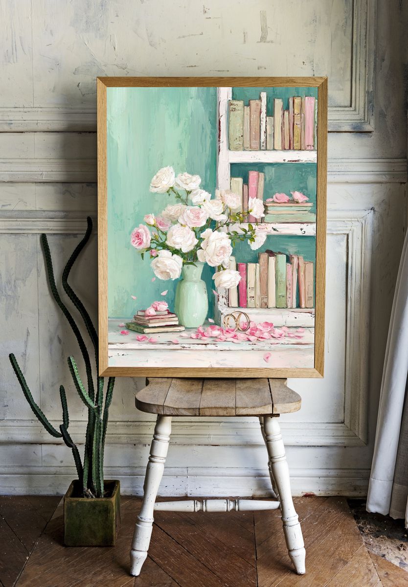 Blush Roses and Books Illustration Poster. — room view 1