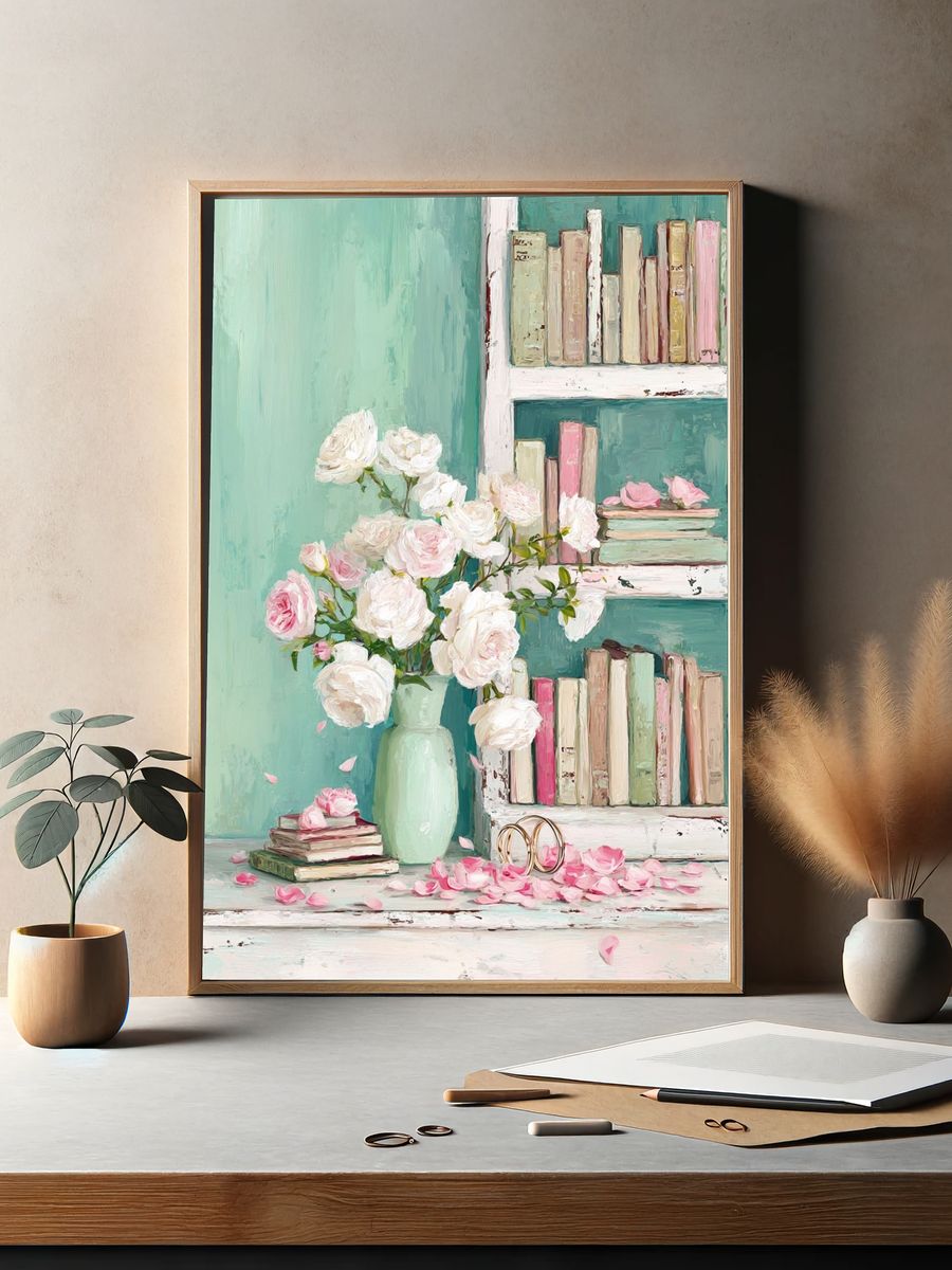 Blush Roses and Books Illustration Poster. — room view 2